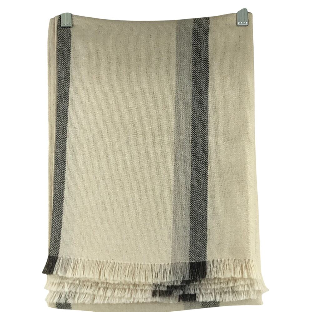 Rosemary Hallgarten Throw Blanket Alpaca Blend Fringe 70"x50" Cream Gray Stripe